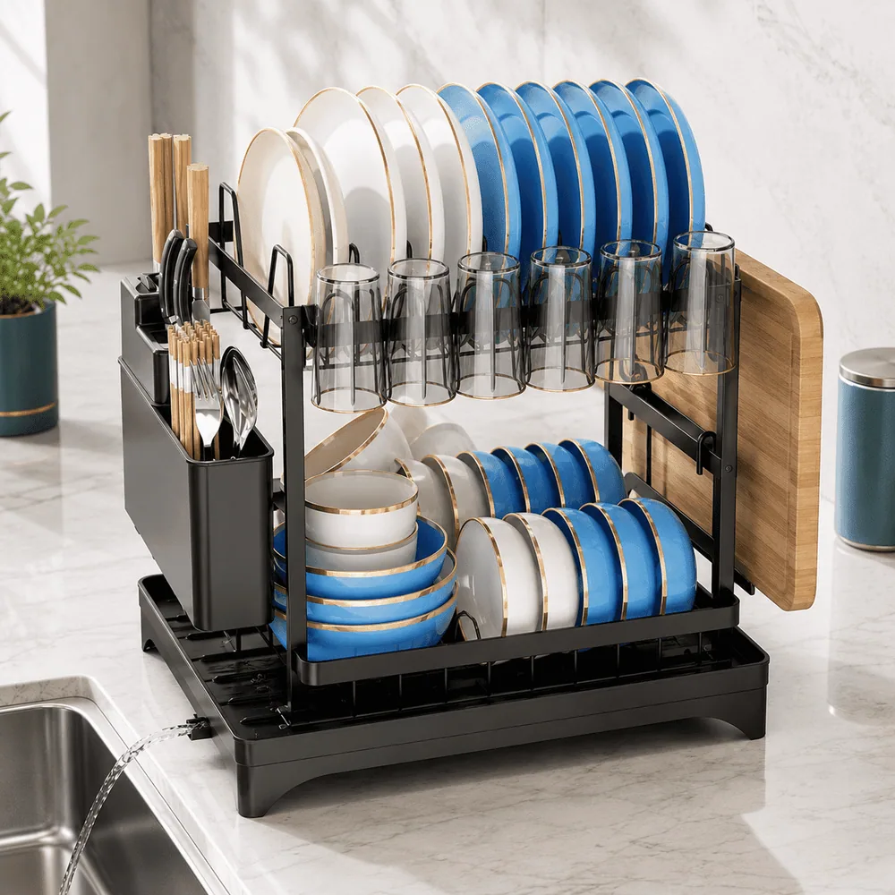 2-Tier Dish Drying Rack for Kitchen Counter with Auto Drain Tray, Utensil Holder, Cup Rack and Cutting Board Holder, Black