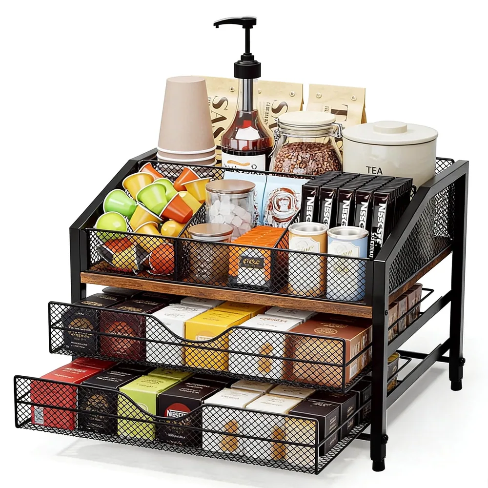 Coffee Bar Organizer for Countertop, Metal & Wood Coffee Station with Sliding Drawers & K-Cup Holder | Multi-Level Storage Rack for Coffee Pods, Syrup Bottles, Cups, Stirrers & Tea Bags